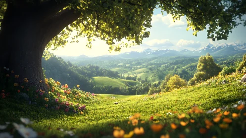 Sunlit hilltop meadow dreaming toward distant snow peaks.