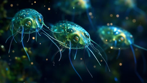 Microscopic aquatic organisms in stylized digital rendering.