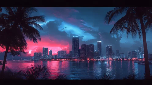 Neon city skyline glows under electric sunset over bay.