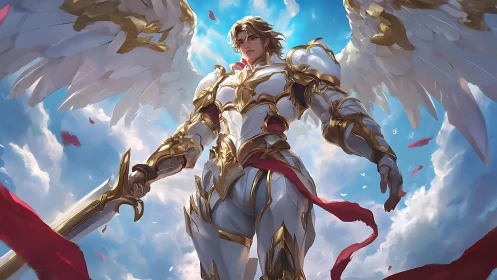 Radiant winged knight stands triumphant in sunlit heavens.
