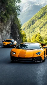Orange supercars carve narrow mountain pass at speed