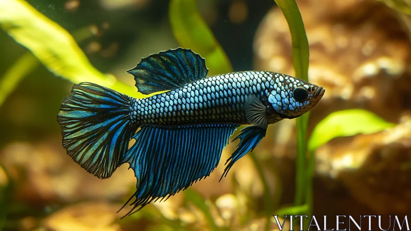 Iridescent betta fish with flowing fins in warm aquarium.
