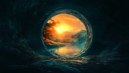 Circular cave opening framing river and distant hills at dawn.