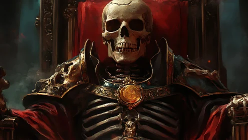 Skeletal warlord enthroned in ornate crimson cloak armor.