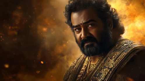 Regal warrior gazes through glowing embers and shadowed fire.