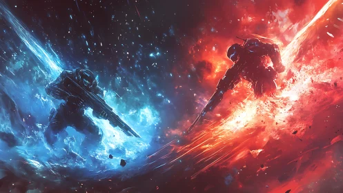 Bipolar cosmic battlefield with dual armored operatives colliding