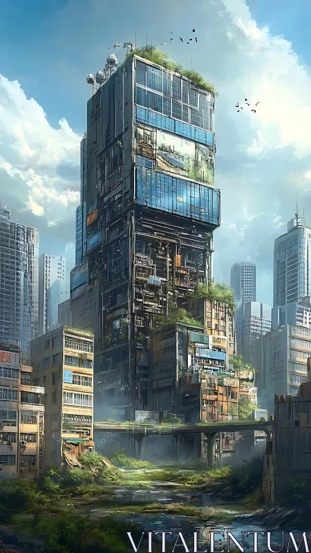 Vertical slum megastructure with emergent rooftop ecology and decay