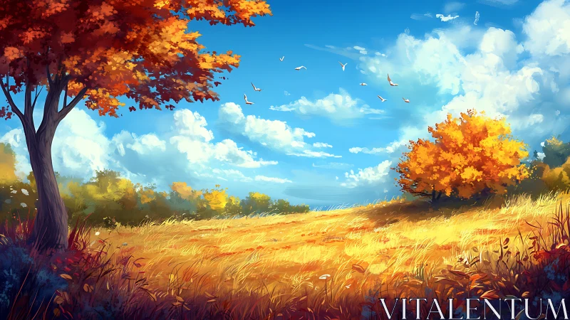 Golden autumn field stretches under vivid blue sky