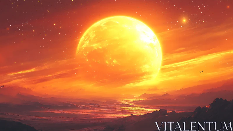 Molten sunset star crowns a dreamlike alien horizon