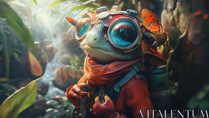 Adventurous frog explorer with bright goggles in the jungle.
