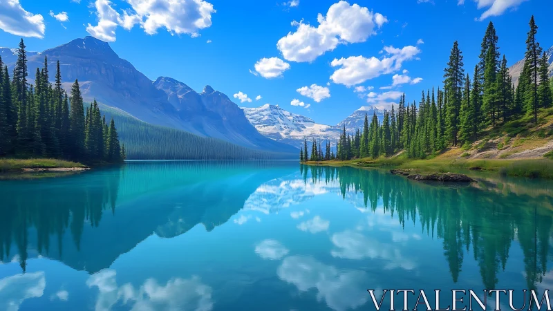 Turquoise mountain lake mirrors pines and bright summer sky.