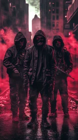 Masked urban enforcers in red smoke filled dystopian alley.