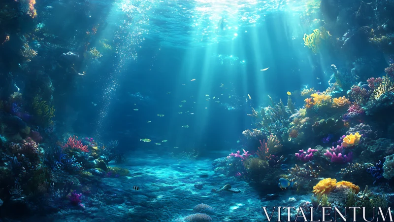 Sunlit coral kingdom shimmers beneath a sapphire ocean veil.