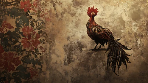 Regal rooster pauses beside weathered floral wall art