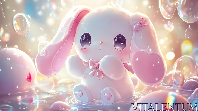 Pastel rabbit figurine sits in reflective liquid with bubbles