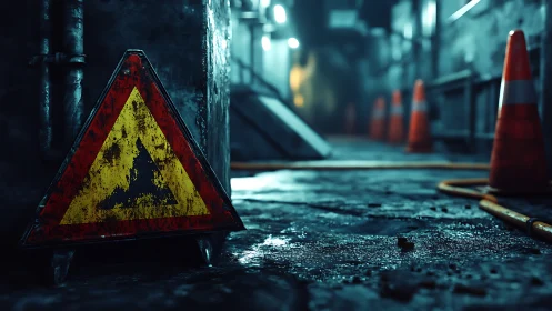 Wet industrial corridor with worn hazard sign at night.