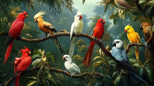 Colorful parrots on branches in lush jungle, digital art style.