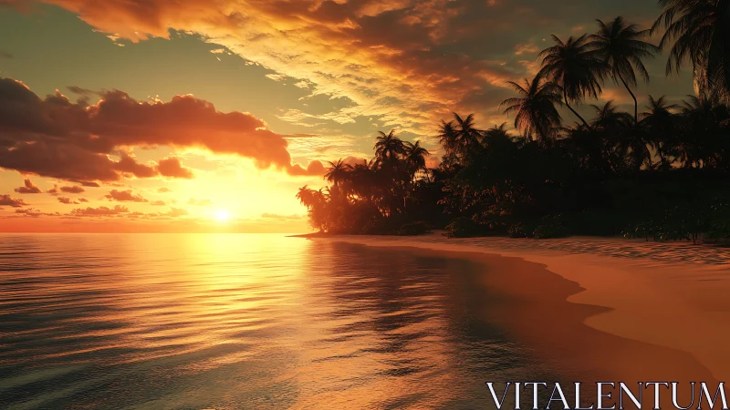 Golden tropical sunset bathes a tranquil palm-lined shore.