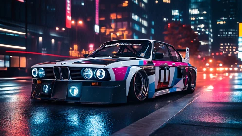 Neon-soaked BMW racer prowls a rain-slick cyber city street
