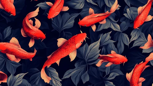 Red koi fish pattern over dark stylized leaves background.
