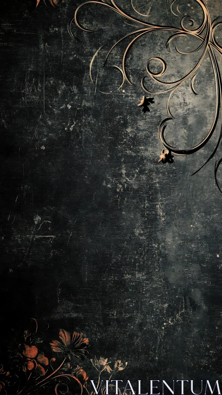 Whispers of copper florals on a weathered midnight wall.
