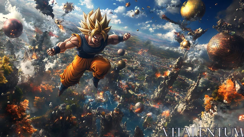 Superpowered fighter hovers above burning futuristic landscape