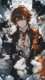 Anime portrait of youth with dogs in dynamic snowy composition.