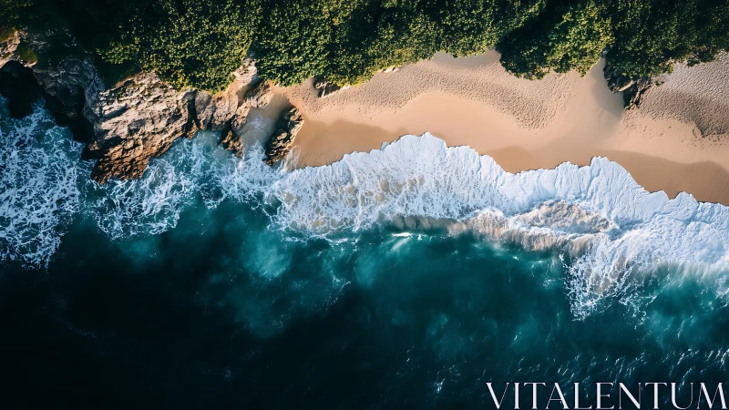 Overhead coastal view shows waves, sand, rock and dense foliage