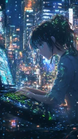 Midnight coder bathes neon cityscape in electric starlight.