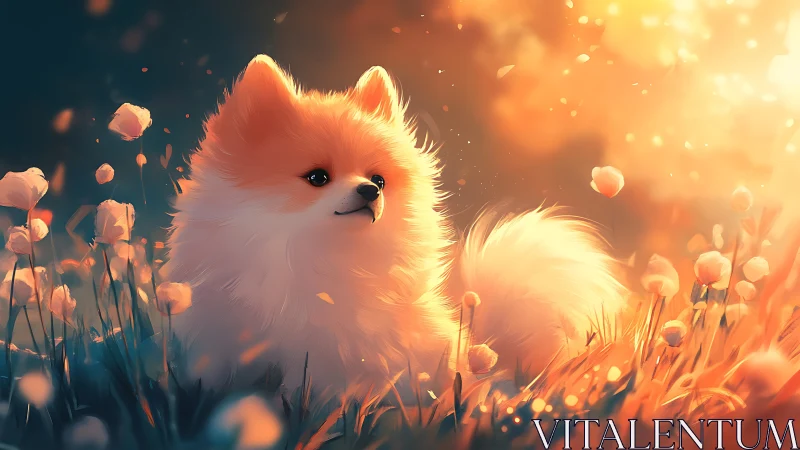 Fluffy orange dog in glowing sunset flower meadow scene.