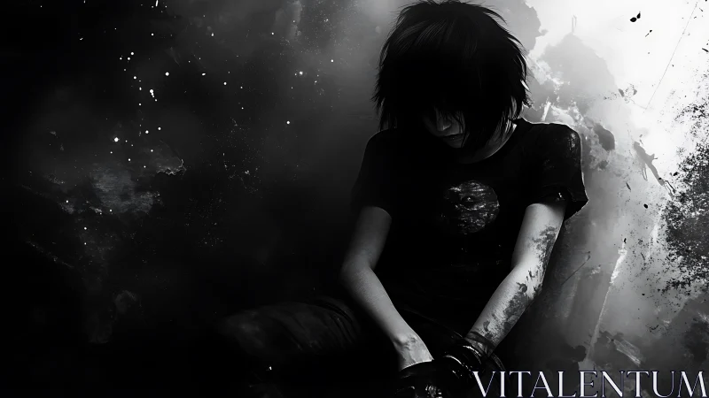 Solitary figure sinks into monochrome cosmic shadows.