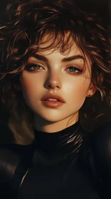 Copper curls frame a cyber-sleek gaze in molten light