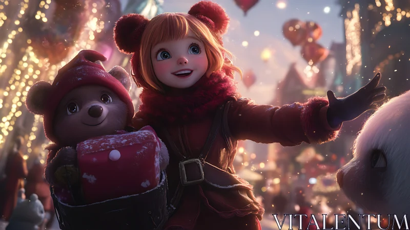 Snowlit wonder girl leads toy bear through glowing winter fair