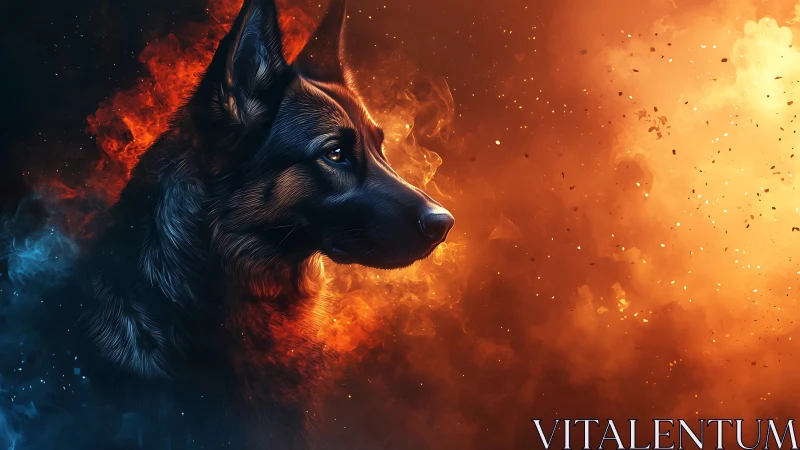 Regal shepherd in blazing fire and cool embers portrait.