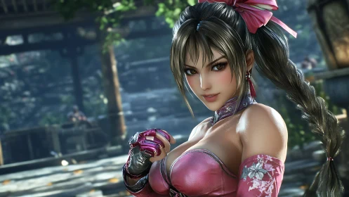 Confident female fighter in pink outfit in garden setting.