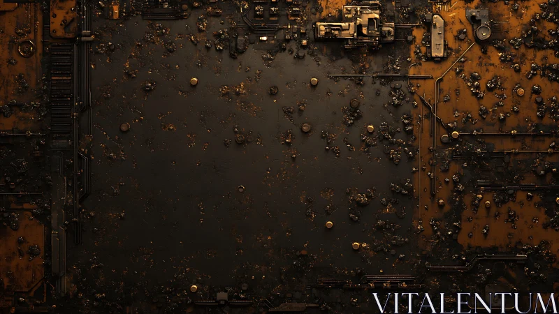 Rust-corroded circuit plane suggests decaying cyber surface.