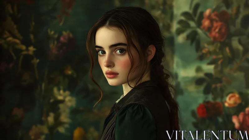 Cinematic portrait girl with floral baroque backdrop in teal tones.