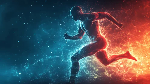 Energy-split runner silhouette crosses dynamic blue-red plasma field