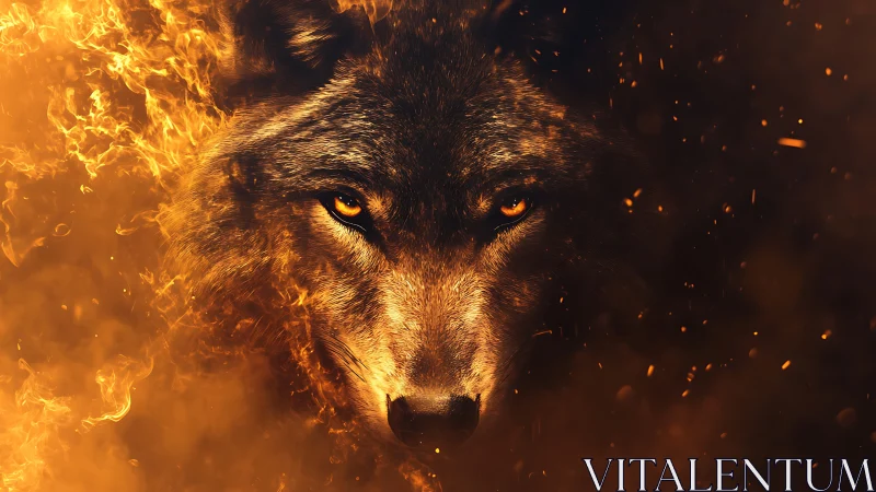 Lupine head-on portrait engulfed in dynamic flame field