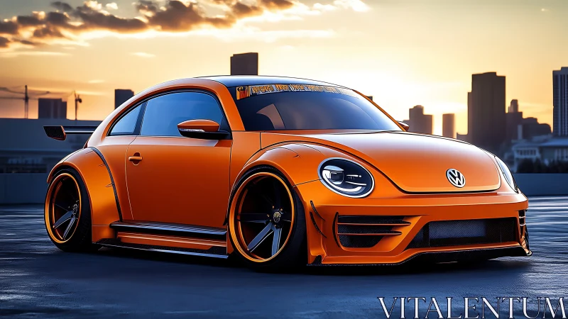 Modified orange Volkswagen Beetle on rooftop at sunset.