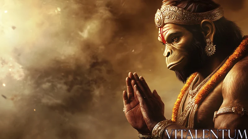 Divine monkey warrior holds prayer pose amid golden storm