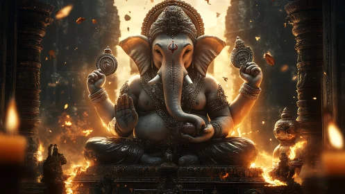 Ganesha statue in ornate temple hall with glowing firelight.