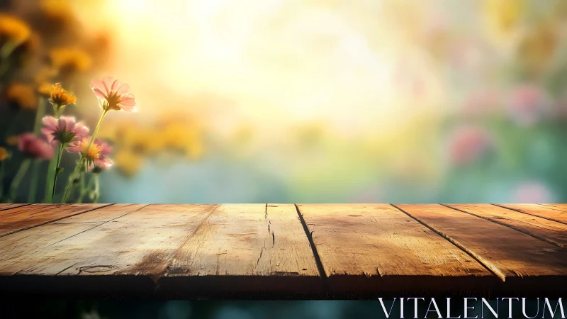 Weathered Timber Surface with Selective Focus Florals. Bokeh Golden Hour.