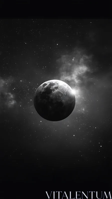 Monochrome planet in deep space with distant starlight.