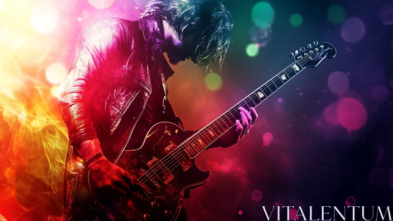 Neon storm guitar shreds through swirling cosmic stage light