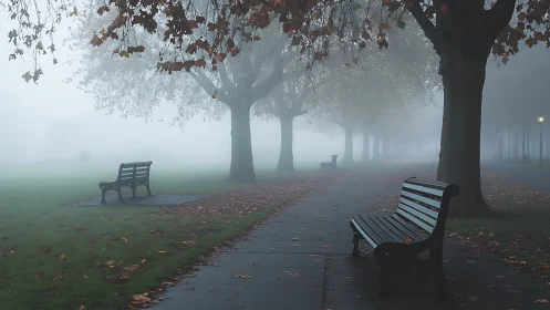 Foggy tree lined park path with benches and fallen leaves.