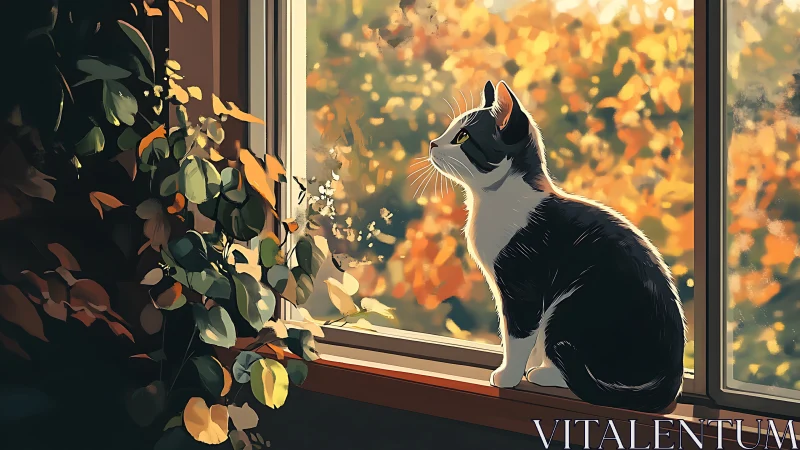 Black and White Cat Observing Golden Autumn Foliage Through Window