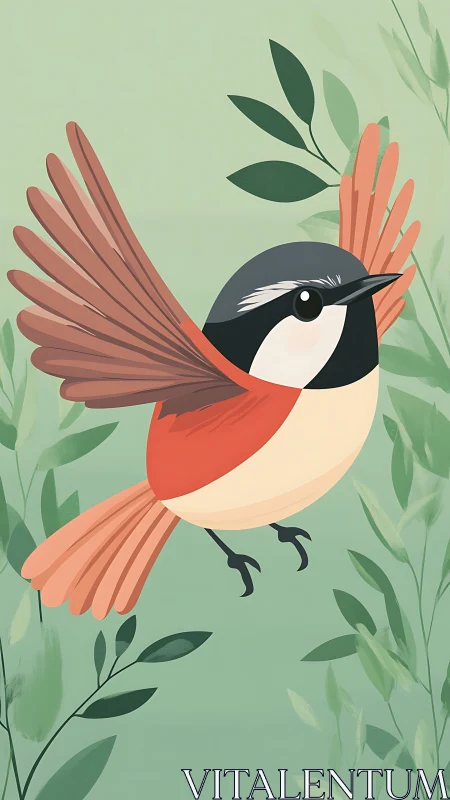 Crimson Robin Takes Flight Among Whispering Green Leaves.