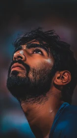 Hopeful gaze lifted toward the light in quiet reflection.