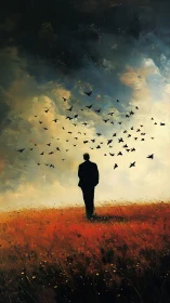 Solitary dreamer strolling under a sky of hopeful birds.